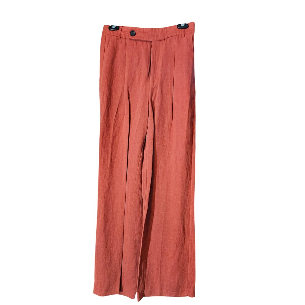 Zara Womens Terracotta Rust Linen Blend Wide Leg Pleated Trousers Size Small